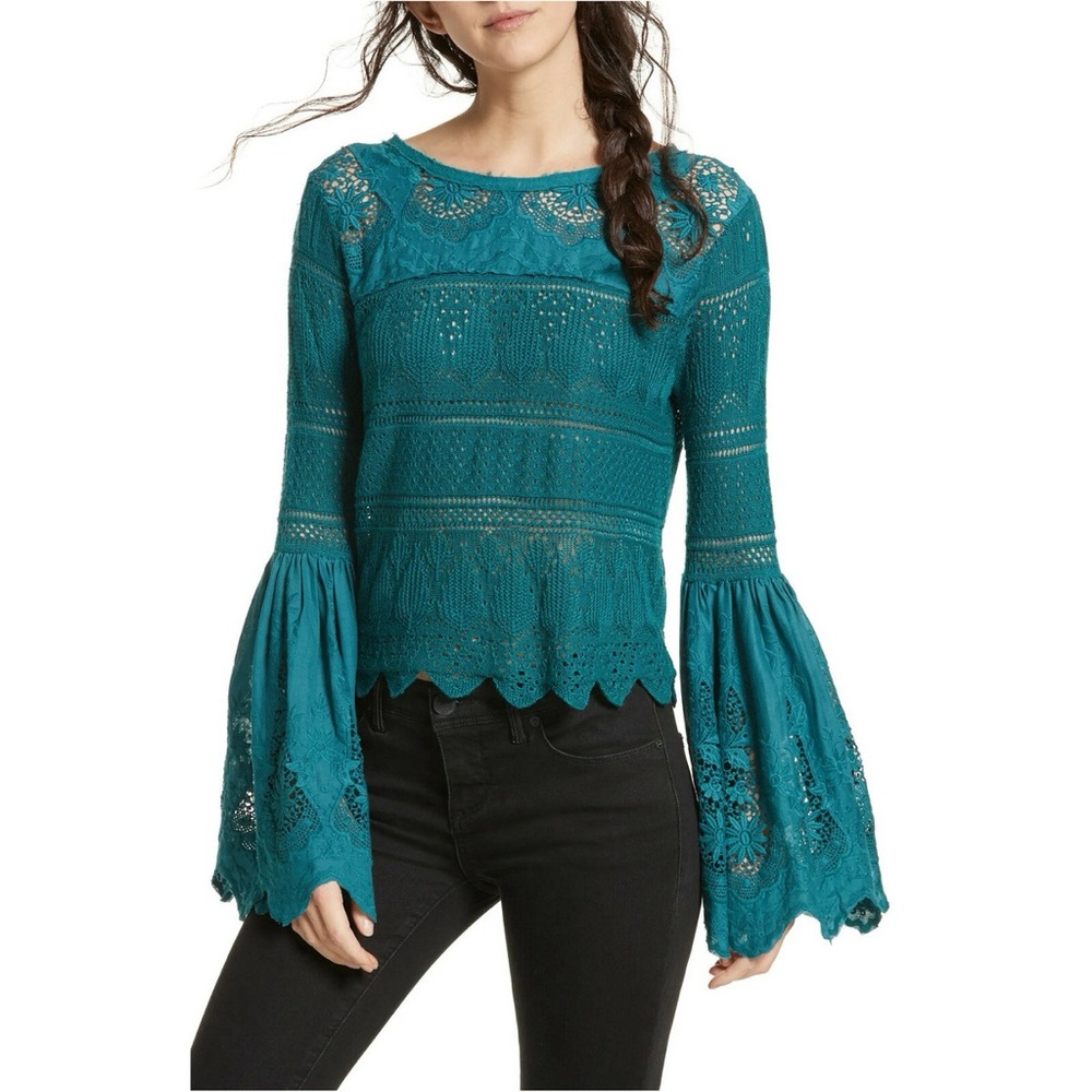 Free People Teal Long Bell-Sleeved Top